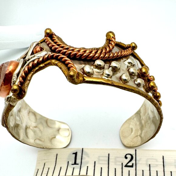 Handcrafted Bronze Copper Zinc Bracelet Genuine Rose Quartz Adjustable - Picture 4 of 14